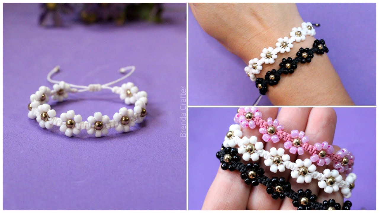 PULSERA fácil DE FLORES con hilo y mostacillas/chaquiras ✿Tutorial