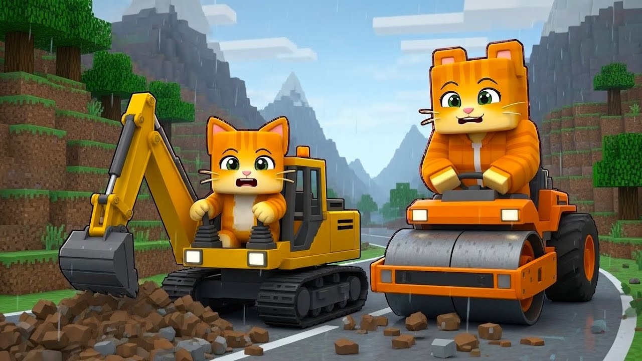 Kitten Drives Excavator in Rainy Landslide 😱 Mama Cat Saves Him 🐱|Ginger Minecraft Animation