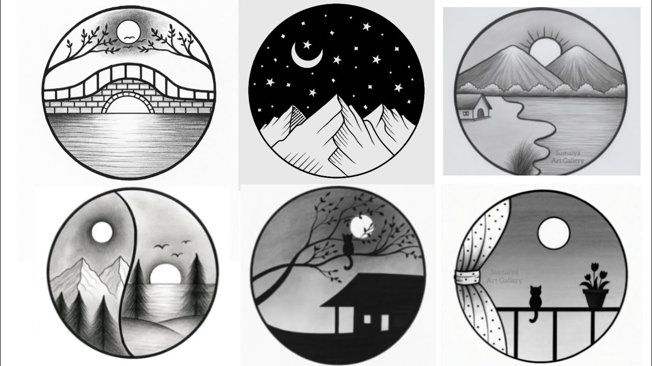 6 Easy Nature drawing in Circle | Beautiful circle Scenery Drawing | Nature Drawing | Pencil Sketch