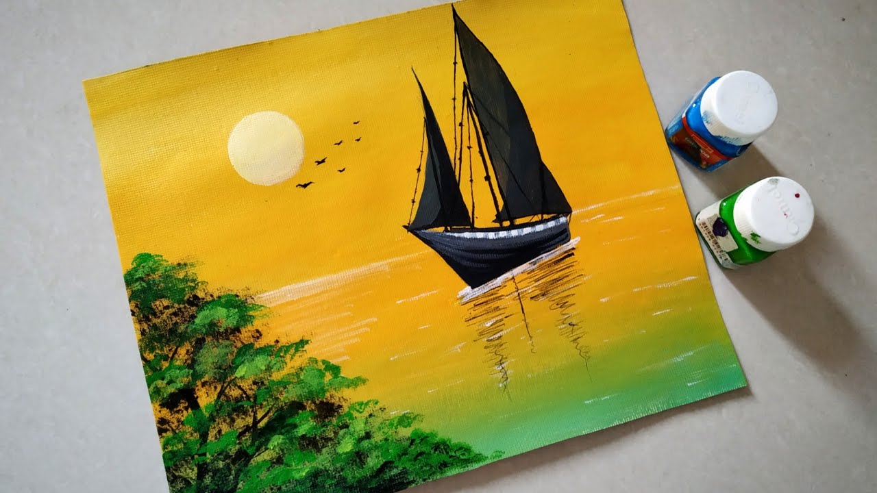 Sailboat sunset seascape acrylic painting|Simple acrylic sunset painting tutorial for beginners.