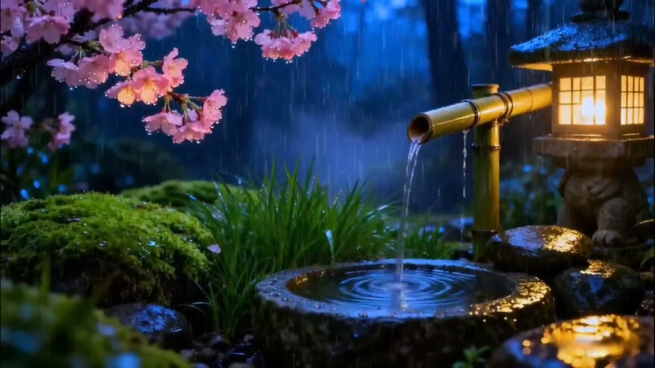 Soft Night Rain with Gentle Piano | Tranquil Zen Garden for Sleep and Stress Relief
