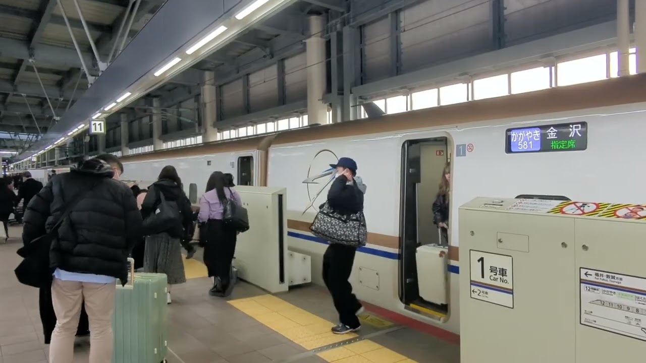 2026年3月20日北陸新幹線金沢(駅)11番のりば8581Eかがやき581号到着→停車 E7系F27編成運行(604Eあさま604号→)8581Eかがやき581号(→8530Eかがやき530号)