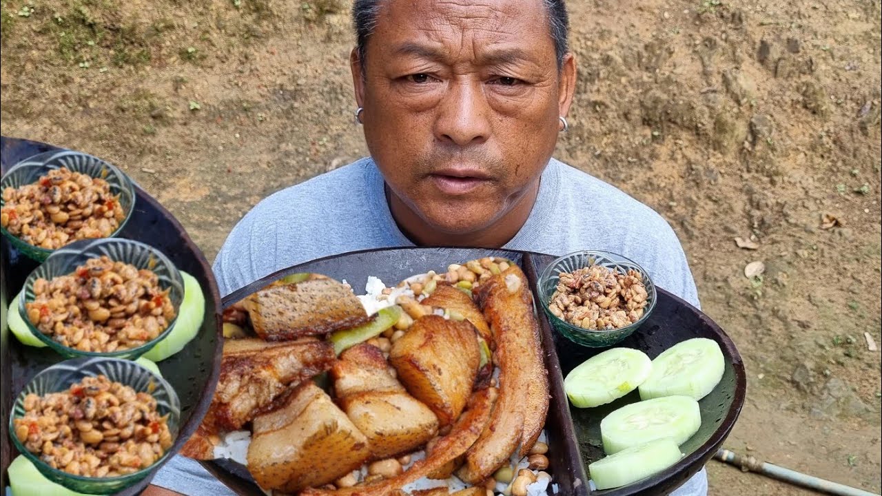 Eating Huge Pork Fats with delicious beans//Fresh Cucumber// Nagaland cooking style