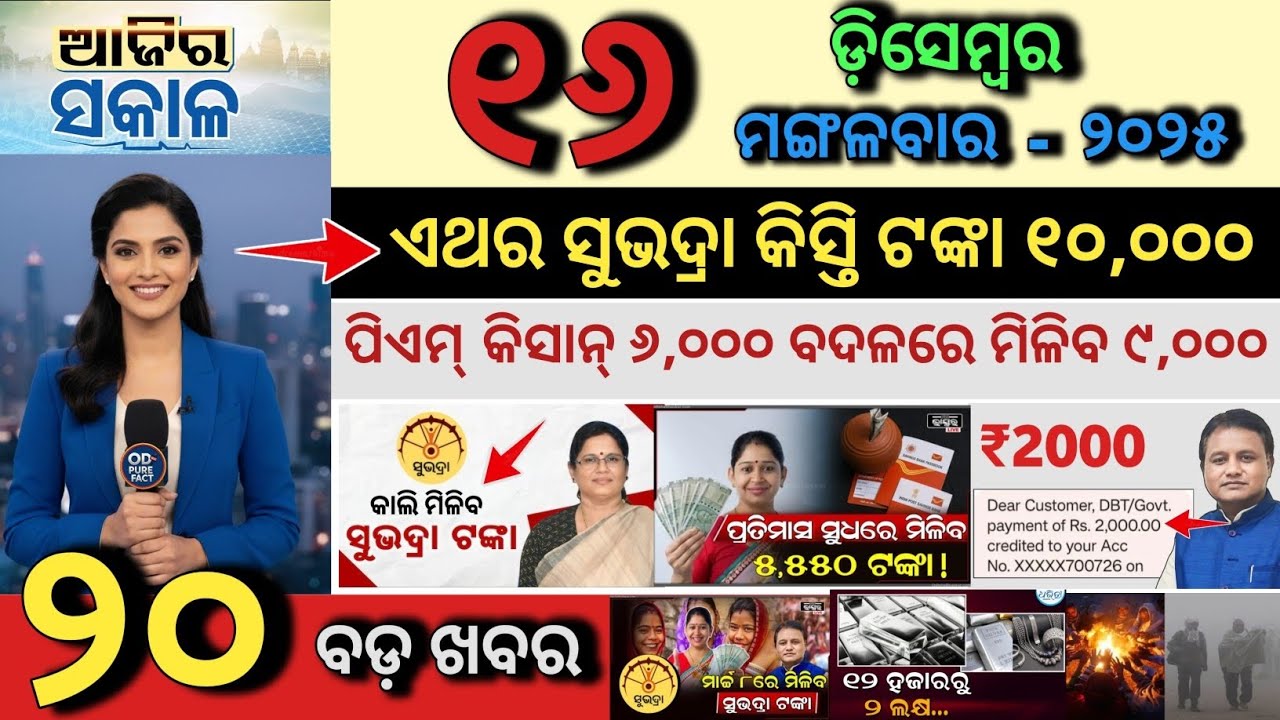 today's morning news odisha/16 december 2025/top 20 news odia/PM kisan update/subhadra yojana news
