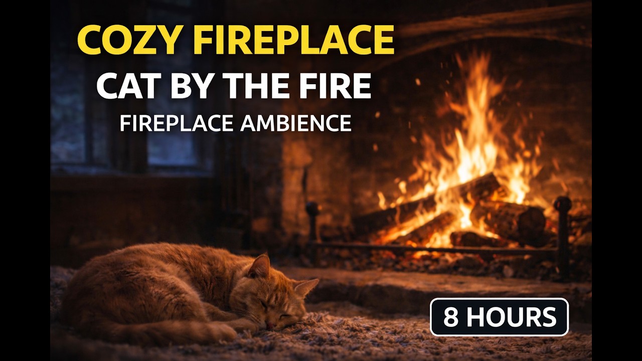 Cozy Fireplace Ambience 🔥 Sleeping Cat by the Fire | Crackling Fire Sounds | 8 Hours