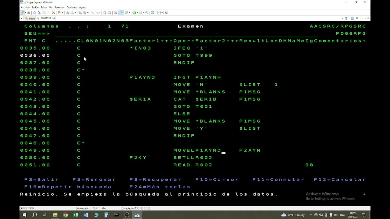 Programa en RPG en un AS/400 que emite un listado en orden alfabético