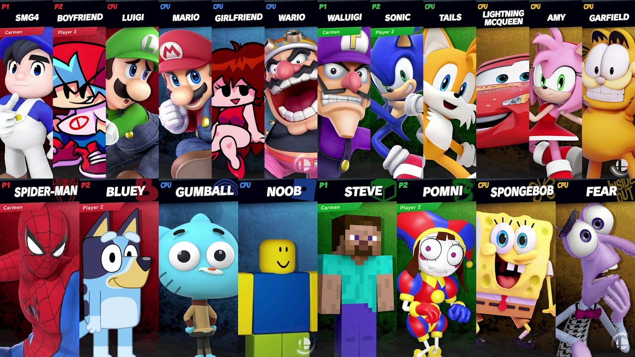 NEW Sonic vs Mario vs Roblox vs Minecraft vs Car vs Spider-Man vs Bluey vs SpongeBob in Smash Bros