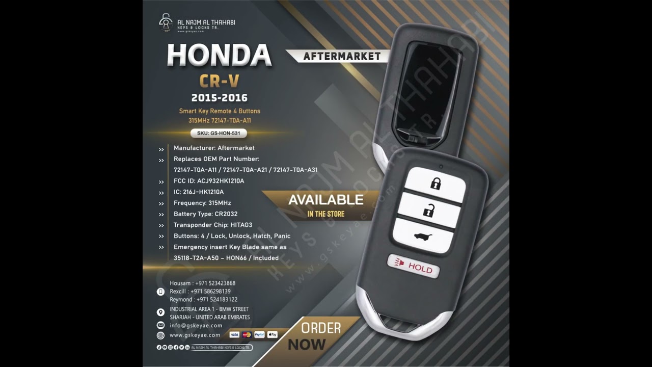 2015-2016 Honda CR-V Smart Key Remote 4 Button 315MHz 72147-T0A-A11. 