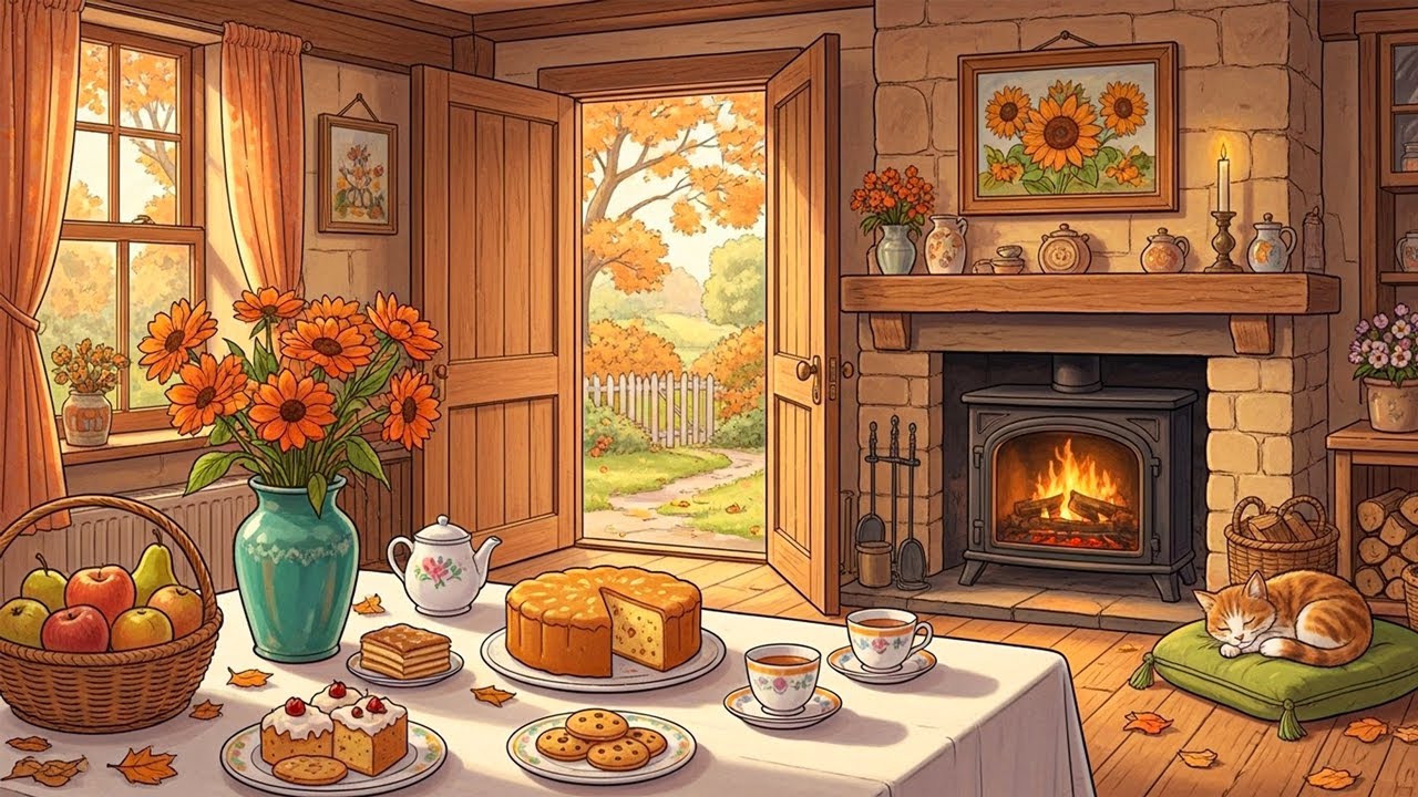 1950's cozy autumn day in an English countryside cottage with oldies playing in another room