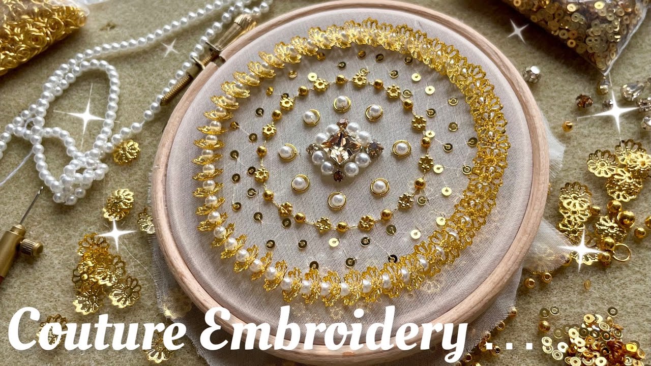 Couture Embroidery | Tambour Beading | Golden Crystal & Pearl Design | Luneville
