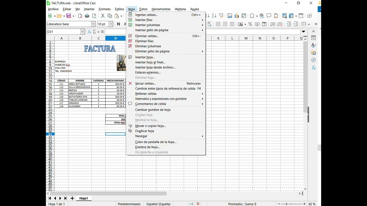 Vídeo Ejercicio 10  Factura Calc