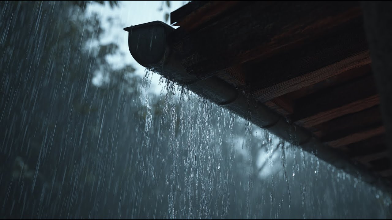 夜里屋檐下的大雨环境音，持续雨声背景，适合休息学习与安静陪伴