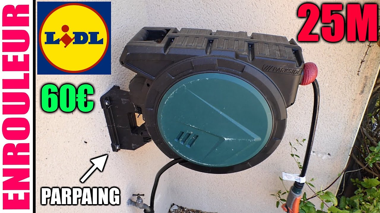 LIDL enrouleur de tuyau d'arrosage PARKSIDE PSA 25 B1 25m installation mur en parpaing creux