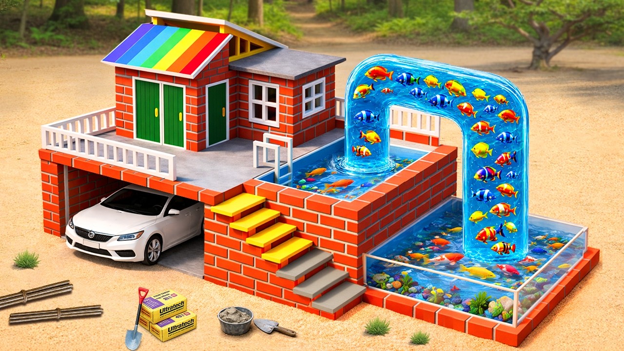 DIY Mini Tractor Builds a 2-Story Brick House with a Waterfall and Fish Tank