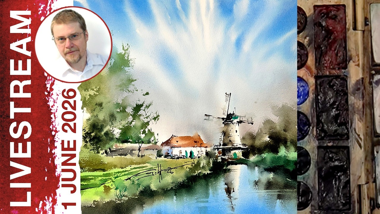 Прямая трансляция, понедельник 56: Старая мельница в Хесвейке, Нидерланды (демо-версия акварельно...