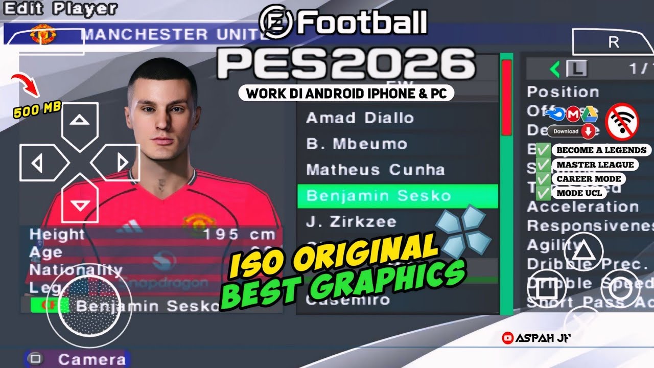 EFOOTBALL PES 2026 PPSSPP ISO NO TEXTURES & NO SAVE DATA NEW KITS 2025/26 REAL FACES & TRANSFERS