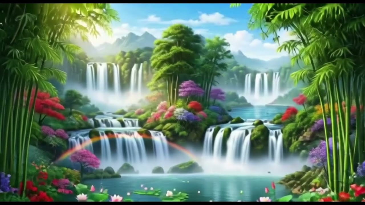 waterfall surrounded by colorful trees and flowers in a tranquil pond