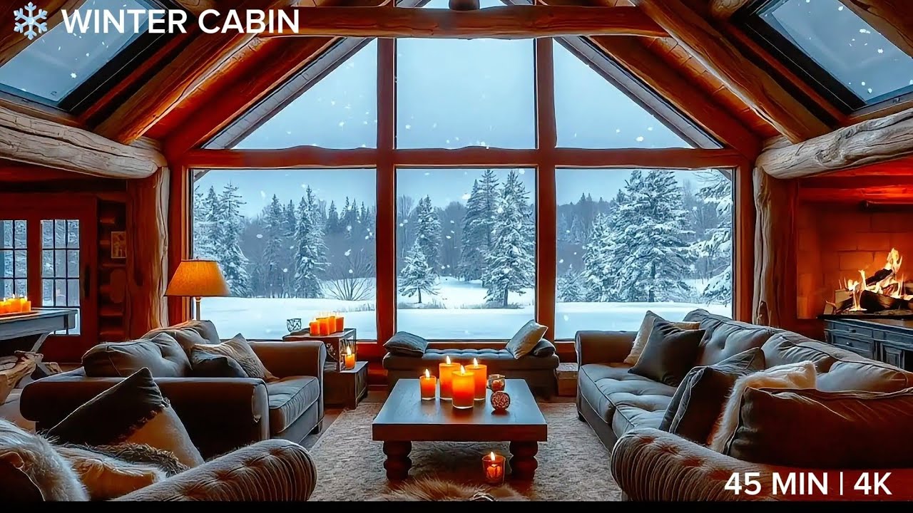 45 Min Cozy Winter Cabin with Fireplace & Snowfall 4K - Crackling Fire Sounds for Relaxation & Sleep