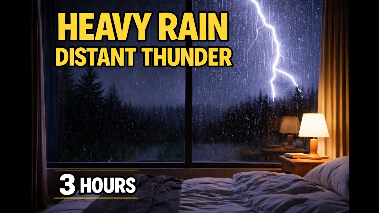 Heavy Rain and Distant Thunder on Window 🌧️ Cozy Bedroom Storm Ambience for Sleep (3 Hours)