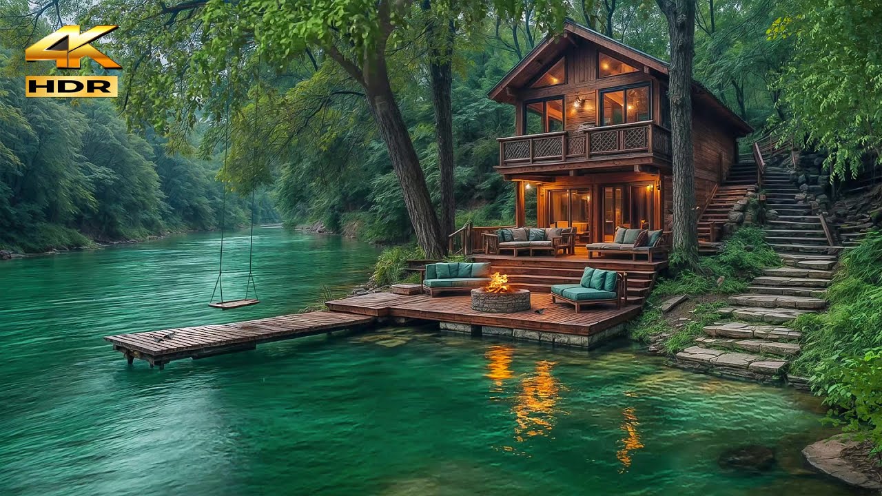 Serene Riverside Retreat 4K 🌿 Gentle Flowing Waters & Cozy Wooden Swing Amidst Lush Nature