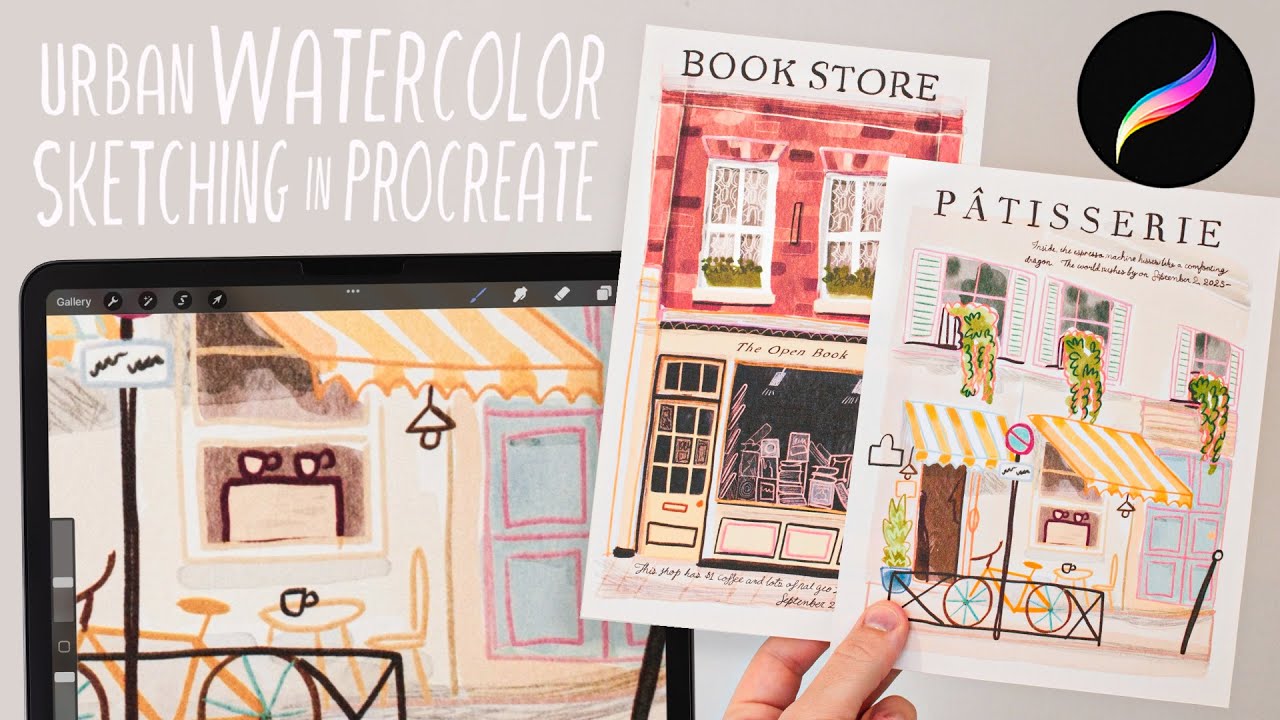 cute urban watercolor sketching in procreate! watercolor sketching technique for beginners