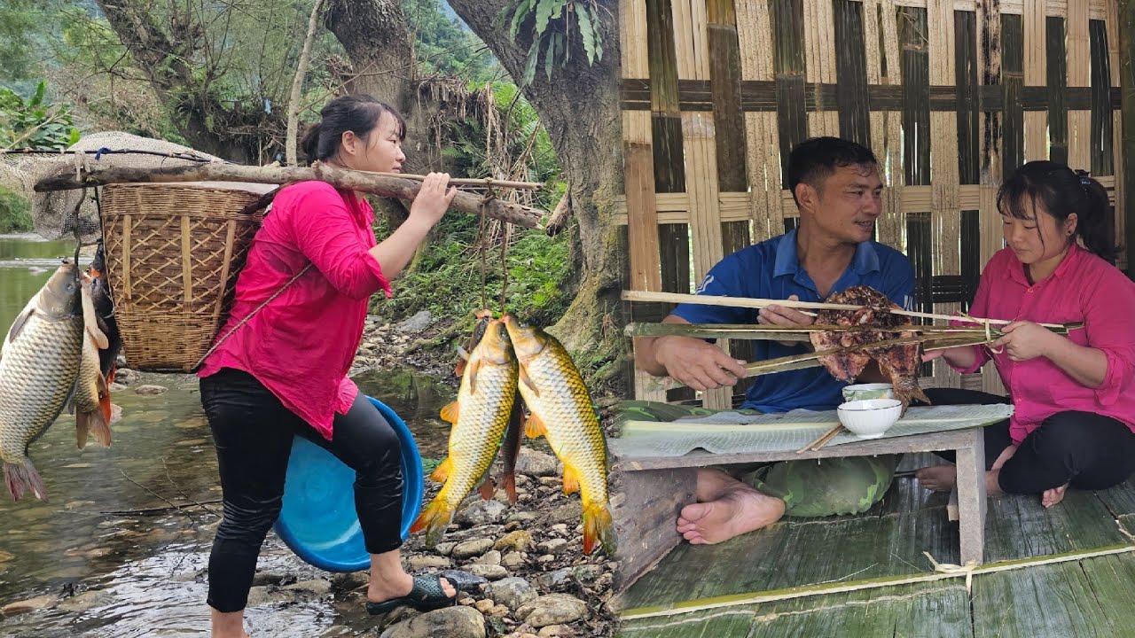 Linh successfully caught giant fish to sell and improve meals with Duong.