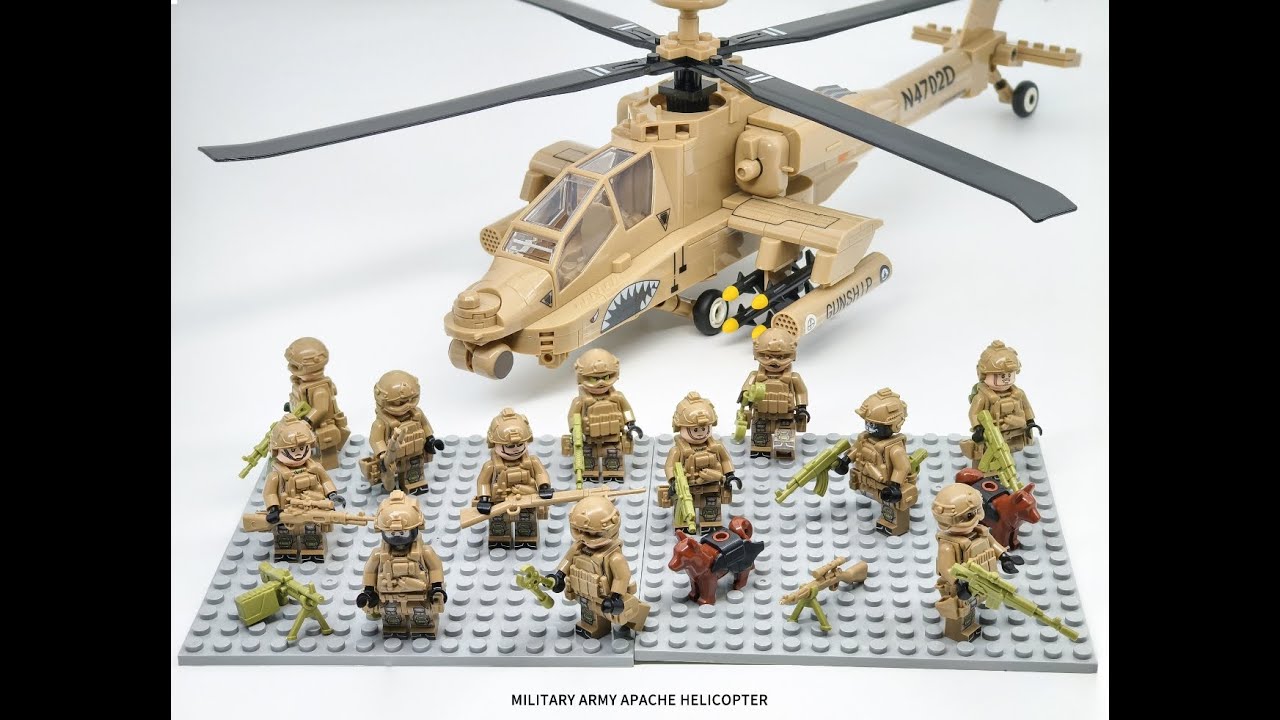 Military Army Apache Helicopter, with 12 Soldier Minifigures, Lego Compatible