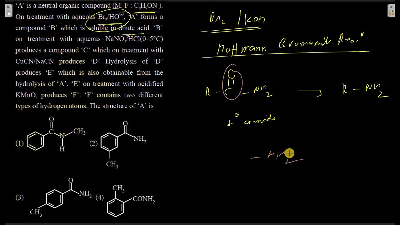 &lsquo;A&rsquo; is a neutral organic compound (M.F.: C8H9ON). On treatment with aqueous Br2/HO&minus;, &lsquo;A&rsquo; forms a com