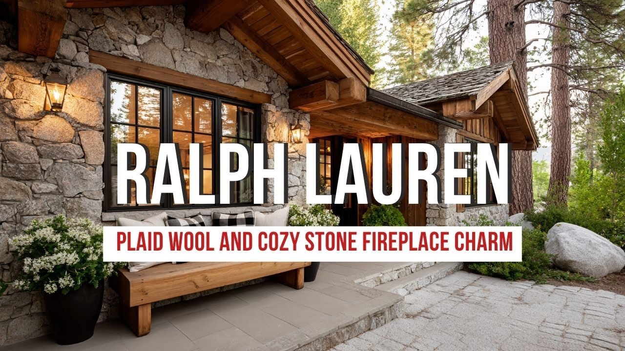 Rustic Lodge Style Ralph Lauren Home with Plaid Wool and Cozy Stone Fireplace Charm