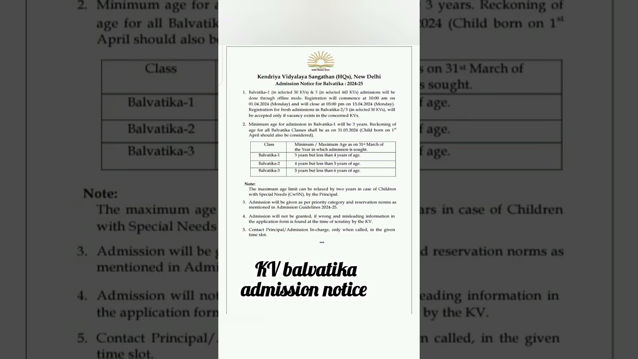 KV BALVATIKA ADMISSION DATE 2024-25