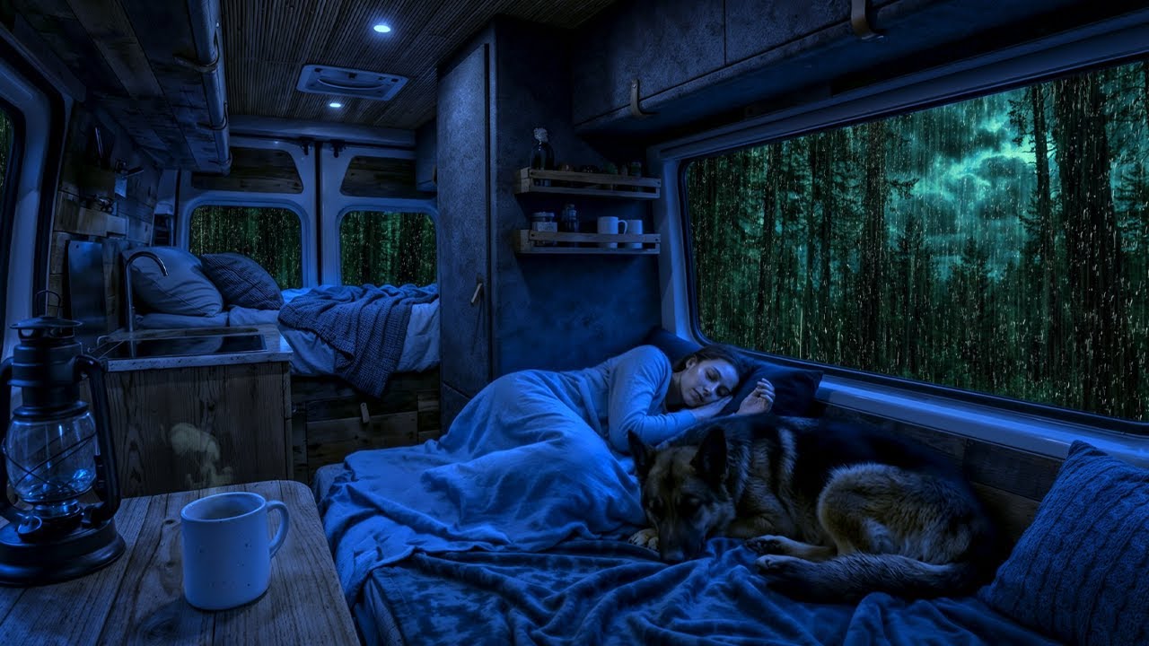 Глубокий сон в уютном фургоне 🚐 ASMR Сильный дождь на крыше и гром ⛈️