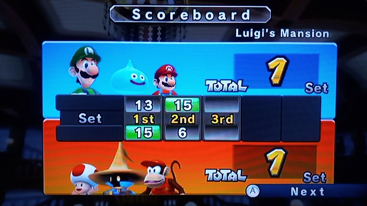 Mario Sports mix- Luigi, Slime, and Mario vs Diddy kong, Black mage and Toad (Volleyball)