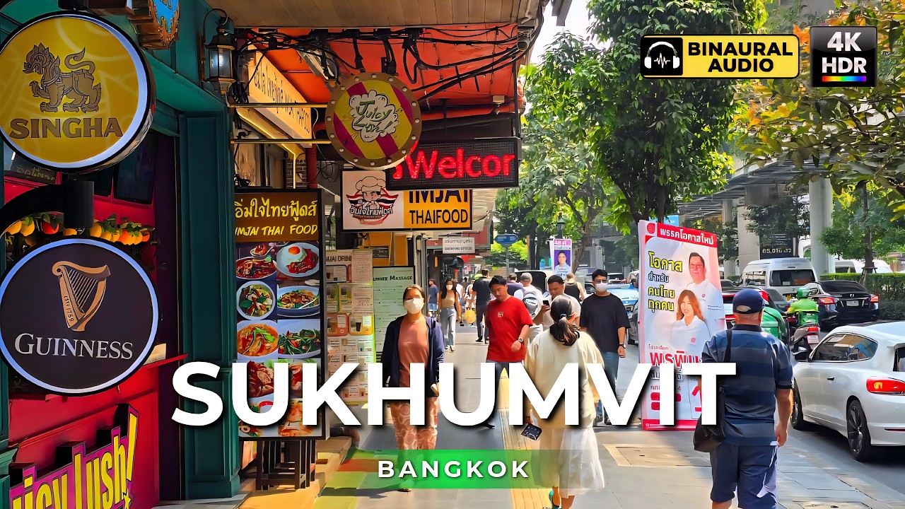 Sukhumvit Road Bangkok 🇹🇭 Asok and Phrom Phong | 4K HDR &bull; Binaural Audio 🎧