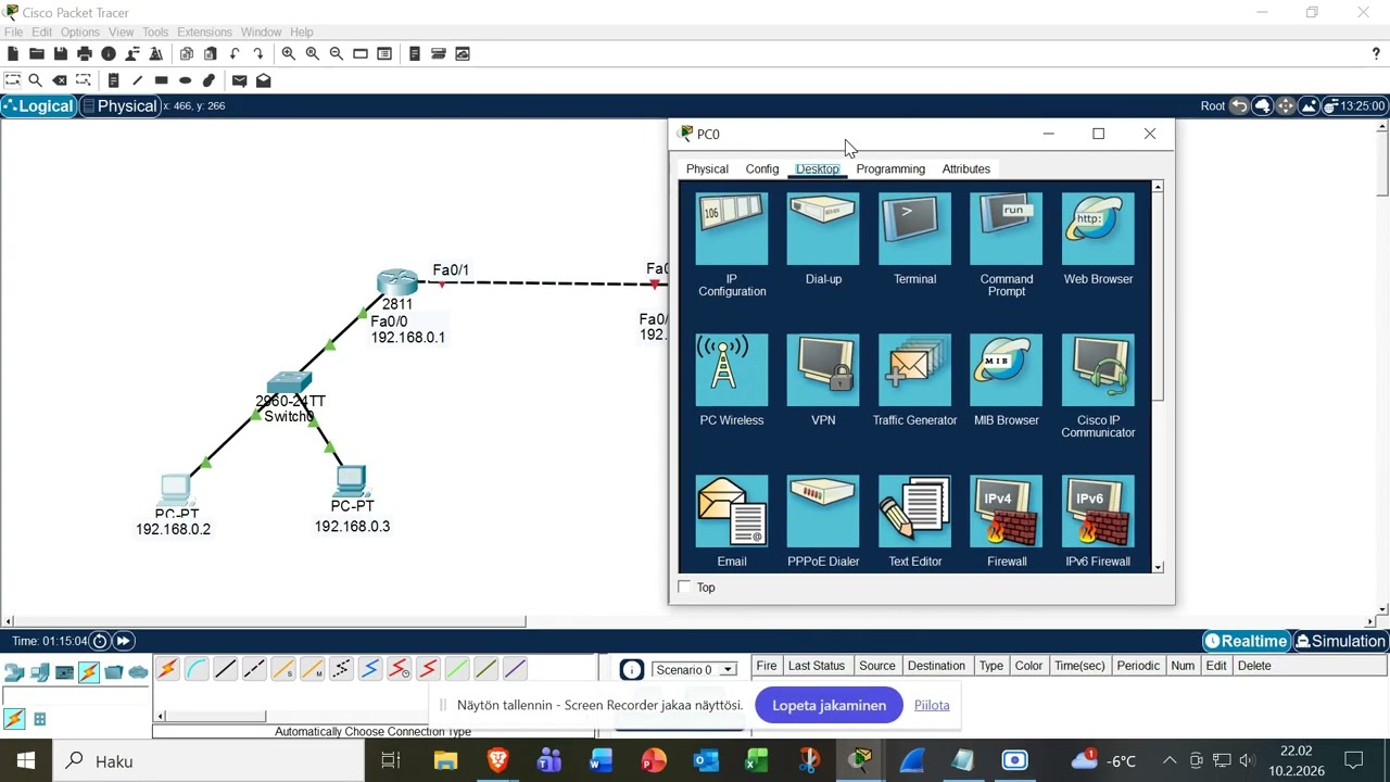 Cisco Packet Tracer - LAN konfaus ja reititystaulut