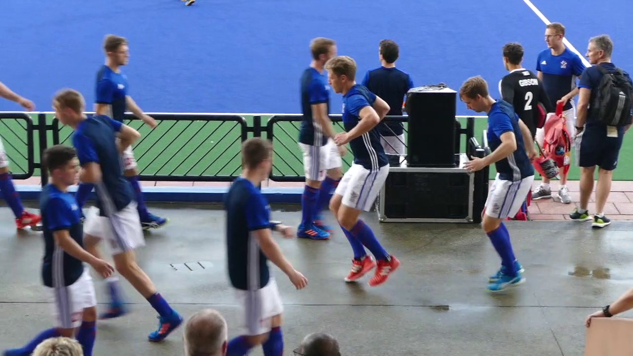 Great Britain mens hockey warm up before match.