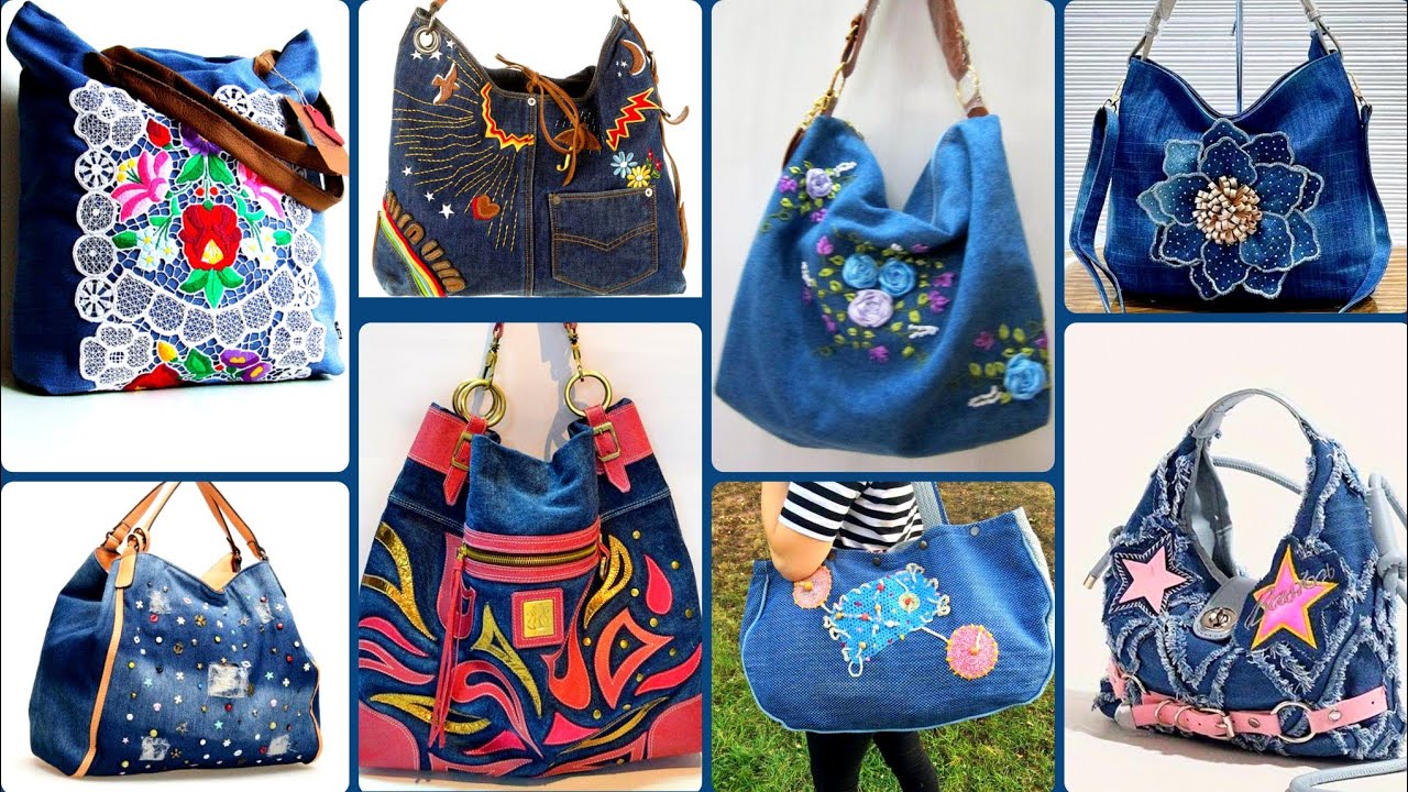 Most stylish handmade denim embroidered and painting work to bag ideas for girls