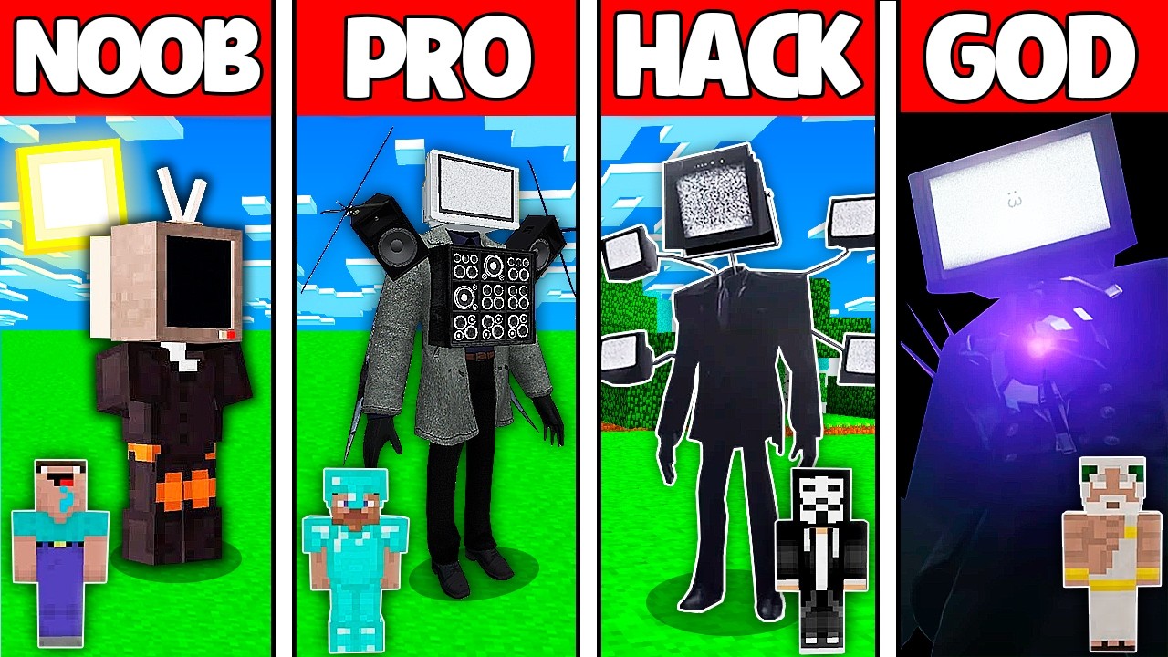 Minecraft Battle: NOOB vs PRO vs HACKER vs GOD! TV MAN STATUE BUILD CHALLENGE in Minecraft
