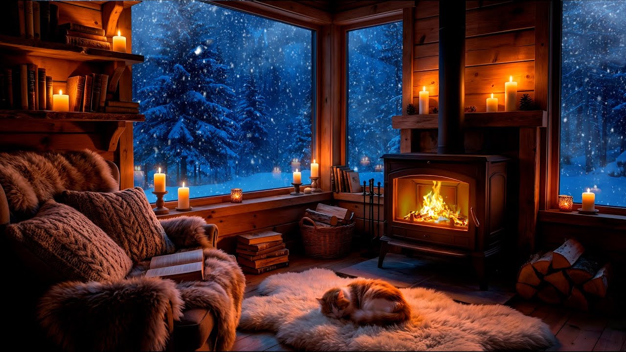 Cozy Cabin Inside 🔥🌬️ Fireplace, Blizzard & Ginger Cat | Winter Journey EP 4