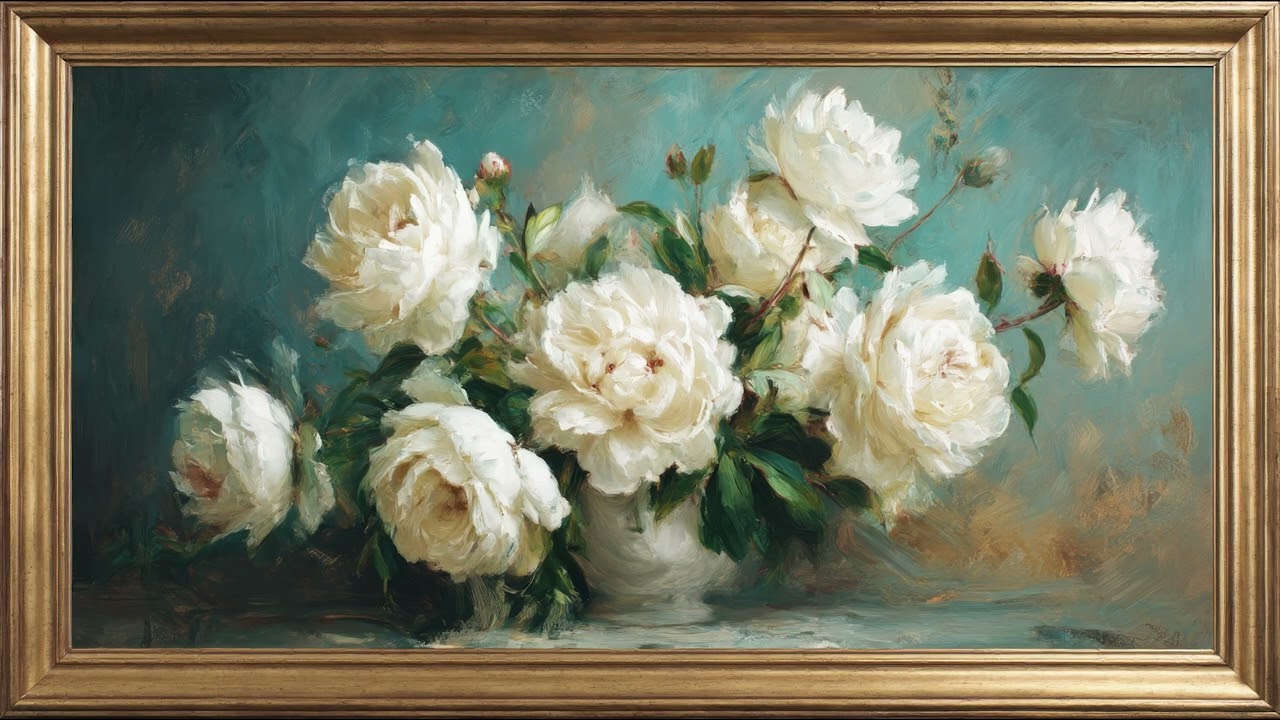 Vintage White Peonies Painting | TV Art with Gold Frame | Elegant Floral Screensaver | 8 Hours