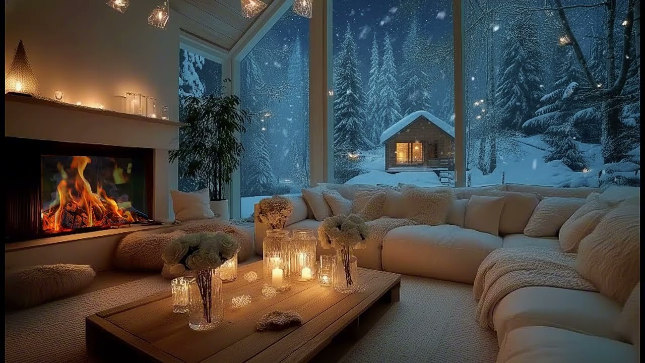 🤍 Minimal White Winter Piano | Cozy Fireplace & Snow Outside | Focus Healing Rest