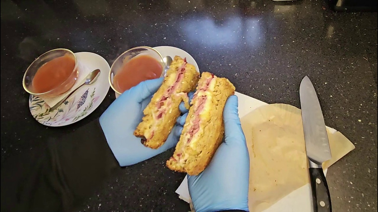 Cheese and pastrami toastie with tomato soup