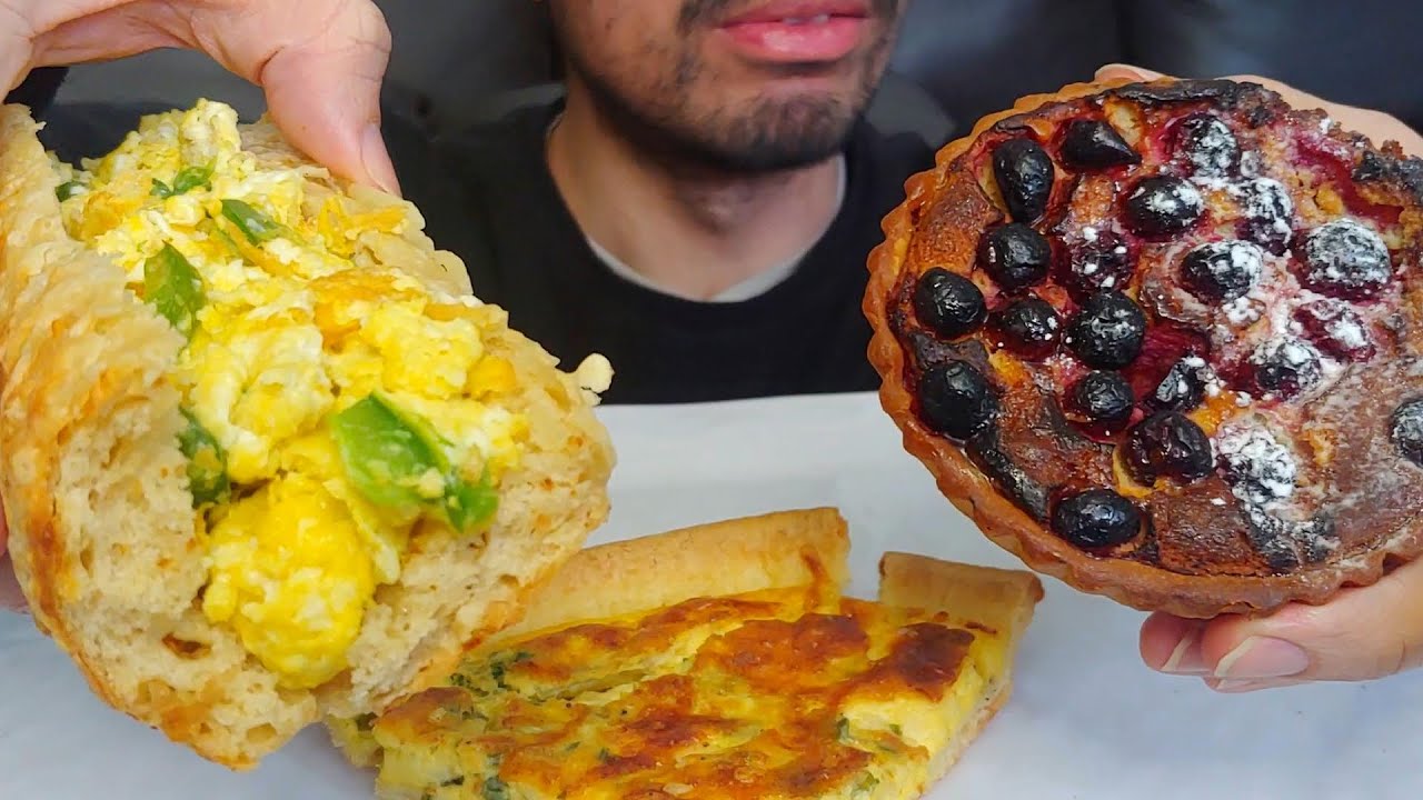CHEESE BREAD, EGGS, QUICHE AND BLUEBERRY ALMOND TART BREAKFAST MUKBANG