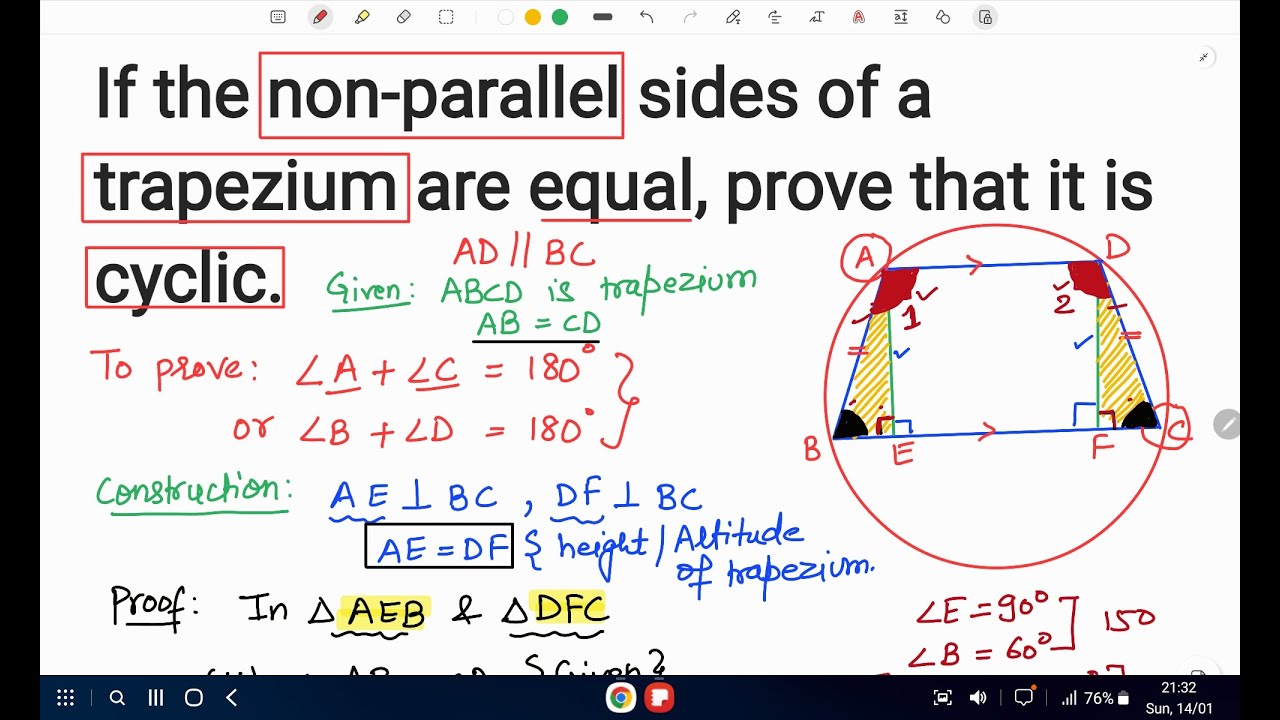 If the non-parallel sides of a trapezium are equal, prove that it is cyclic. class 9 circles maths