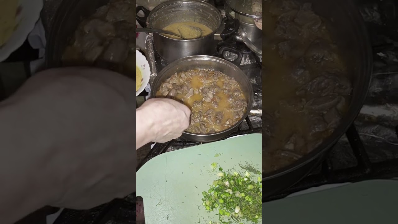 Lentil puree with chicken hearts, gizzards and herbs.