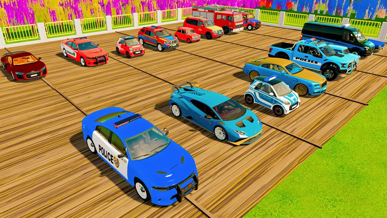TRANSPORTING CARS, AMBULANCE, POLICE CARS, FIRE TRUCK OF COLORS! WITH TRUCKS! - FS 22