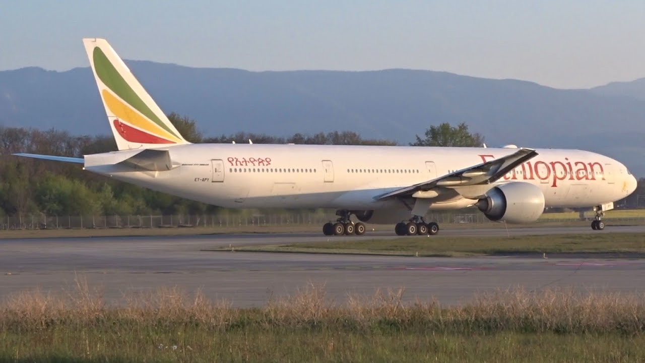 Ethiopian Boeing 777-300ER landing & takeoff at Geneva/GVA/LSGG
