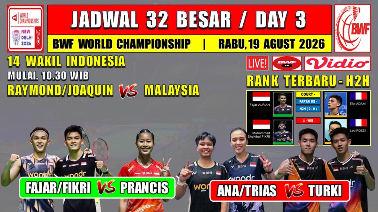 JADWAL 32 BESAR KEJUARAAN DUNIA BULUTANGKIS 2026 HARI INI ~ FAJAR/FIKRI vs PRANCIS ~RAJO vs MALAYSIA