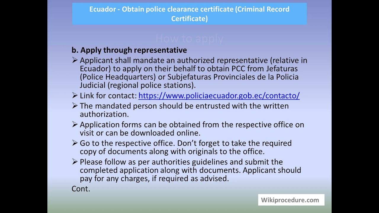 Ecuador - Obtain police clearance certificate (Criminal Record Certificate, PCC)