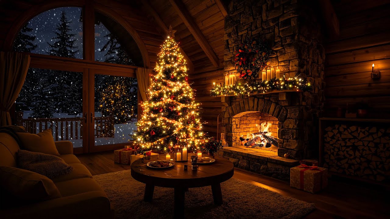 Soothing Christmas Piano & Crackling Fire | Cozy Christmas Cabin with Snowfall for Winter Night