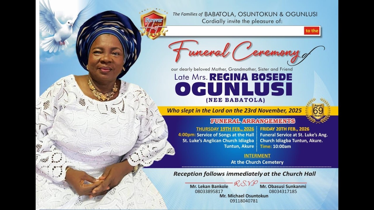 Service of Songs for Late Mrs. Regina Bosede Ogunlusi (Nee Babatola)